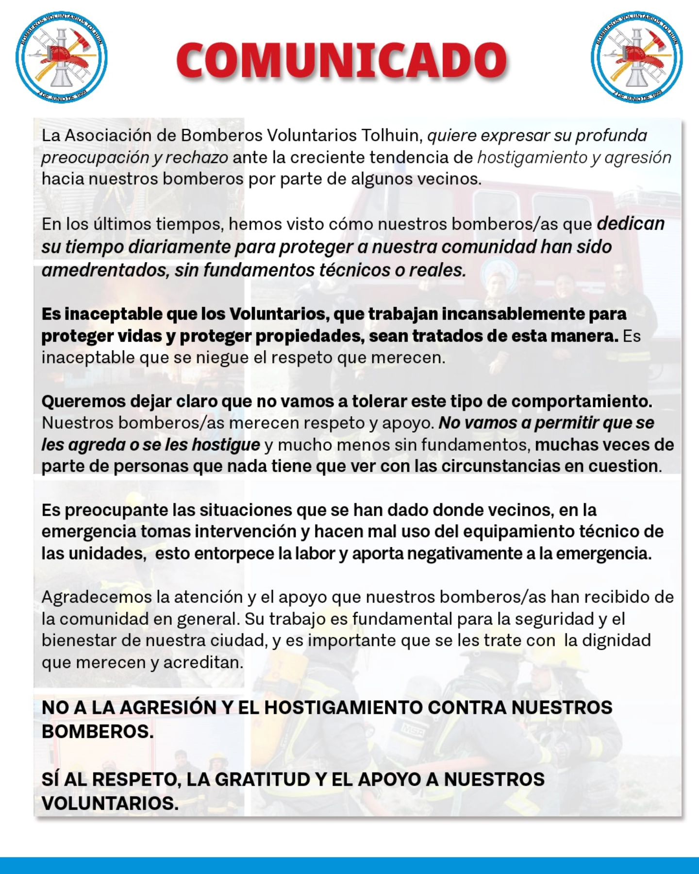 Tensión entre vecinos y la institución de Bomberos Voluntarios